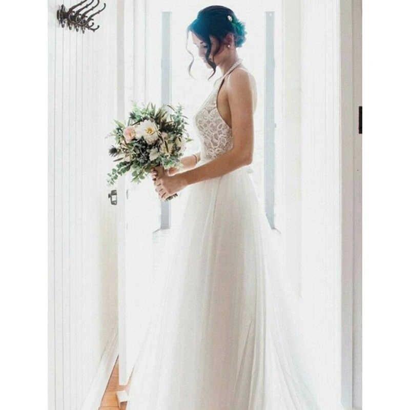 A-Line Round Neck Sweep Train Tulle Wedding Dress with Lace (ZD16019)