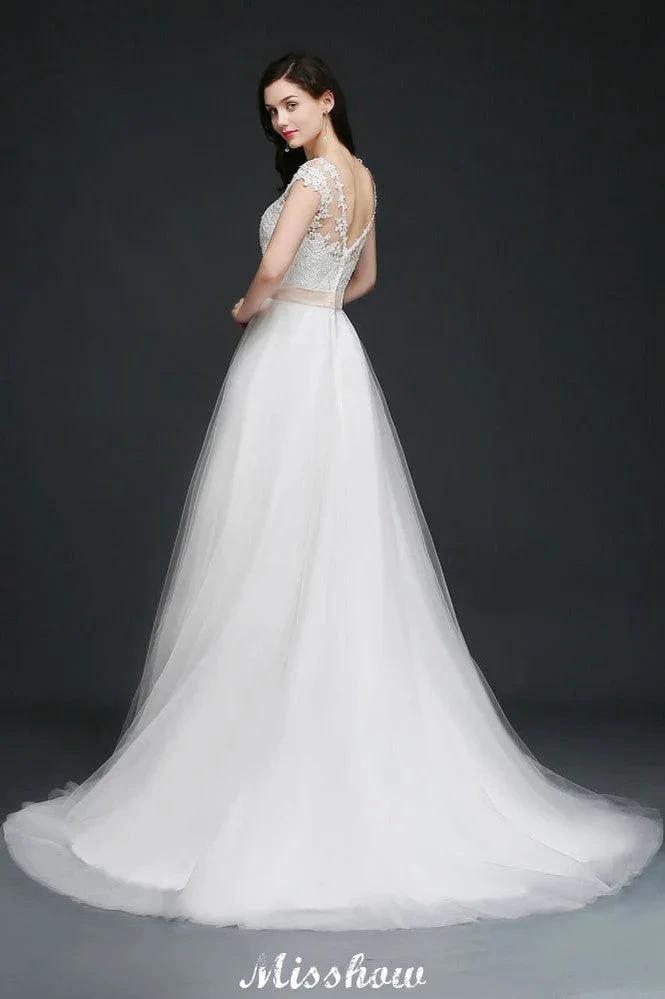 A-line Scoop Court Train Tulle Glamorous Wedding Dresses with Sash (ZD13935)