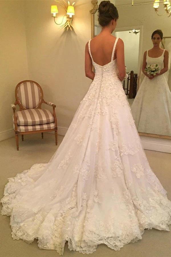 A-line Scoop Sweep Train Sleeveless Wedding Dress with Appliques (ZD16308)
