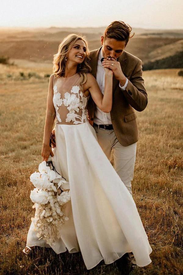 A-line See Through Floor Length Beach Wedding Dresses Rustic Bridal Dresses (ZD15286)