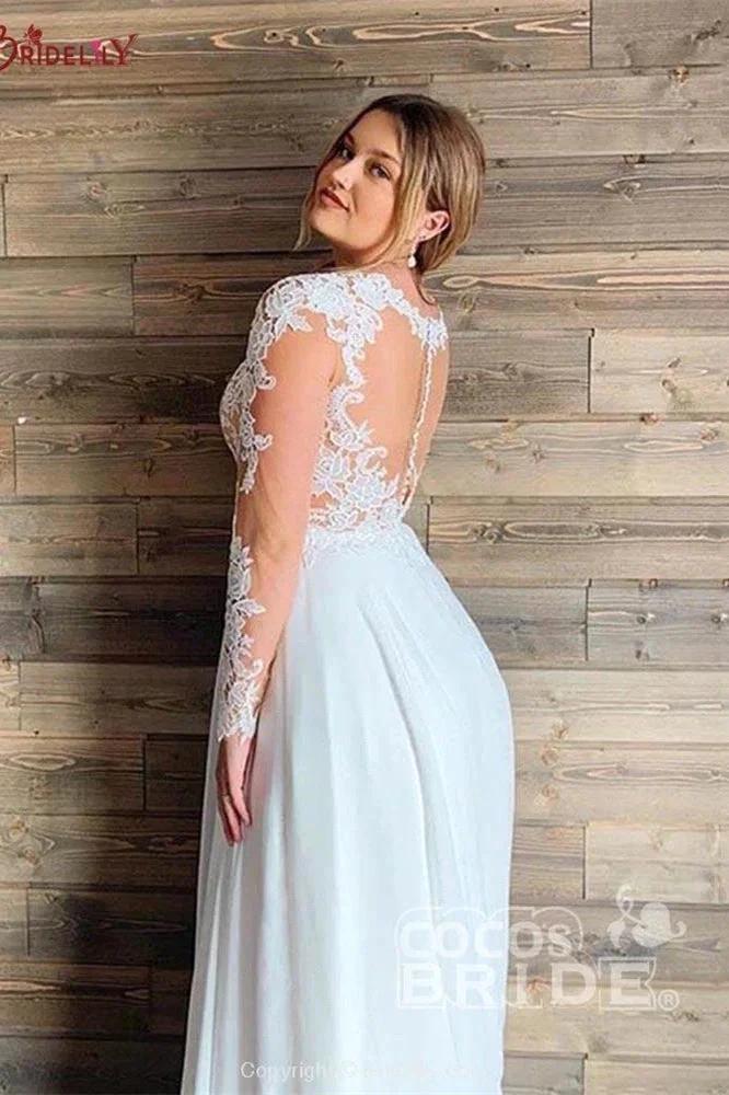 A-line Sheer Tulle Lace Wedding Gowns Long Sleeve Floor Length Beach Bridal Gowns (ZD16568)