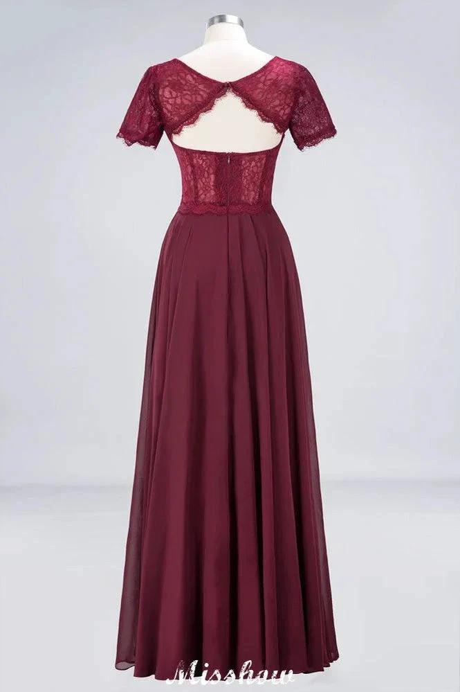 A-Line Short-Sleeves Floor-Length Bridesmaid Dress Chiffon Lace Round-Neck Evening Dress (ZD12909)