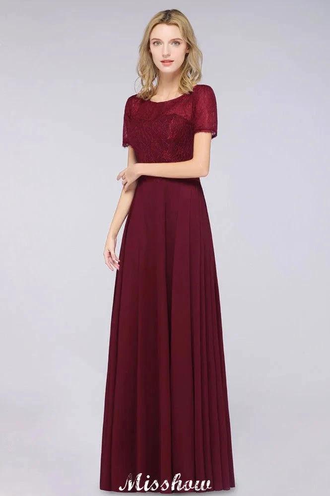 A-Line Short-Sleeves Floor-Length Bridesmaid Dress Chiffon Lace Round-Neck Evening Dress (ZD12909)