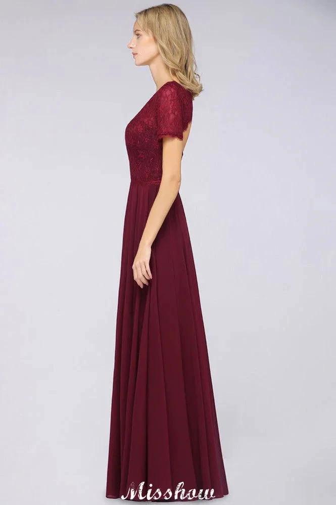 A-Line Short-Sleeves Floor-Length Bridesmaid Dress Chiffon Lace Round-Neck Evening Dress (ZD12909)