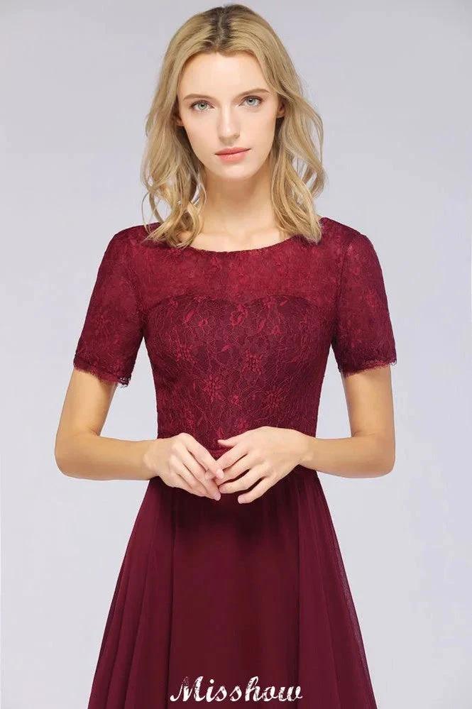 A-Line Short-Sleeves Floor-Length Bridesmaid Dress Chiffon Lace Round-Neck Evening Dress (ZD12909)