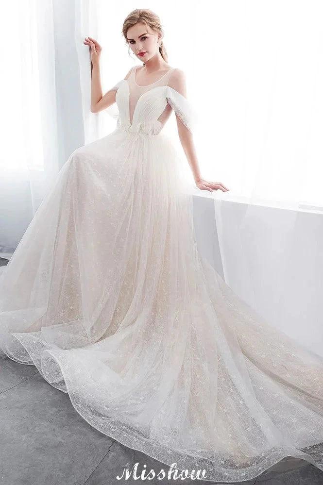 A-line Sleeveless Floor Length Lace Ivory Wedding Dress (ZD16614)