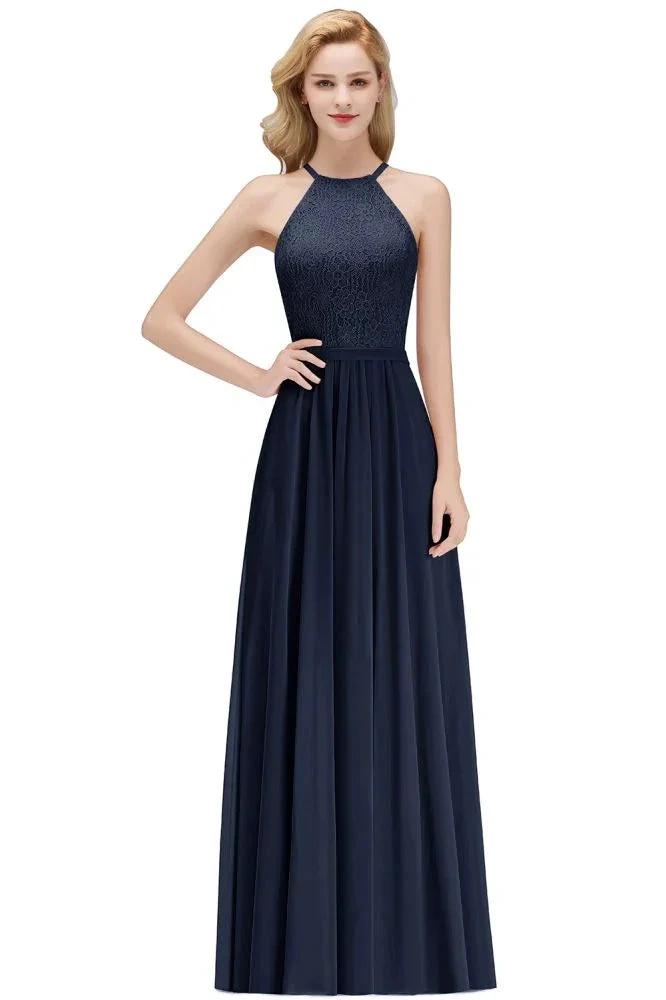 A-line Sleeveless Halter Long Lace Chiffon Bridesmaid Dress by misshow.com