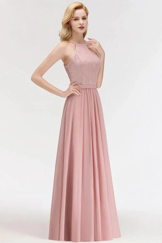 A-line Sleeveless Halter Long Lace Chiffon Bridesmaid Dress (ZD13032)