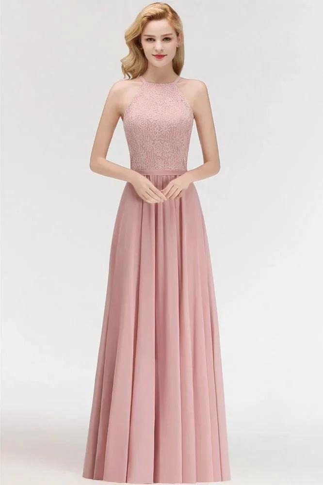 A-line Sleeveless Halter Long Lace Chiffon Bridesmaid Dress (ZD13032)