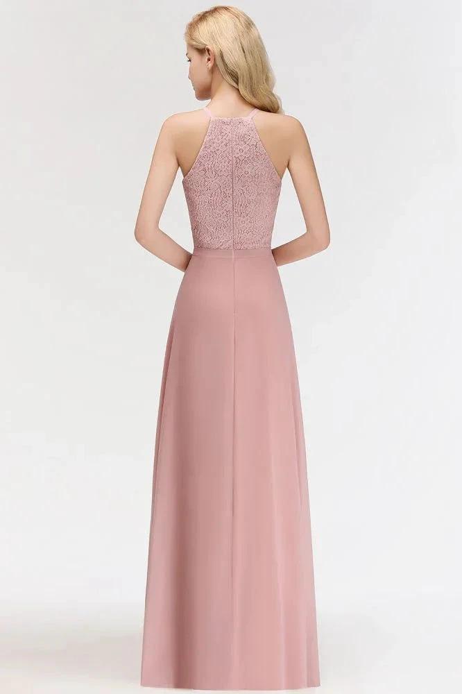 A-line Sleeveless Halter Long Lace Chiffon Bridesmaid Dress (ZD13032)