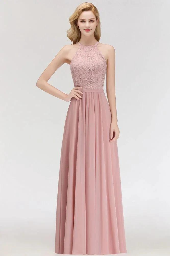 A-line Sleeveless Halter Long Lace Chiffon Bridesmaid Dress by misshow.com