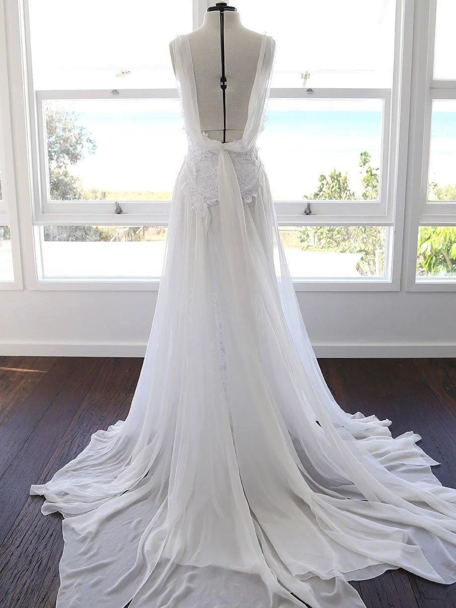 A-line Spaghetti Strap White Lace Chiffon Beach Wedding Bridal Dresses (ZD15402)
