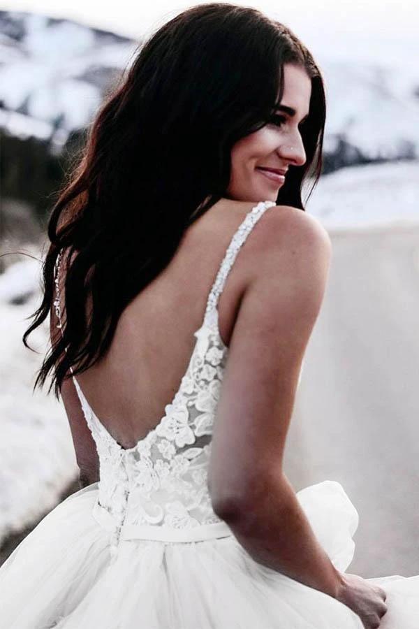 A-Line Spaghetti Straps Asymetrical Wedding Dress with Lace (ZD15493)