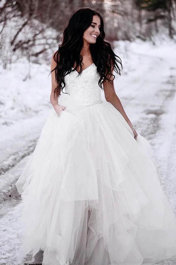A-Line Spaghetti Straps Asymetrical Wedding Dress with Lace (ZD15493)
