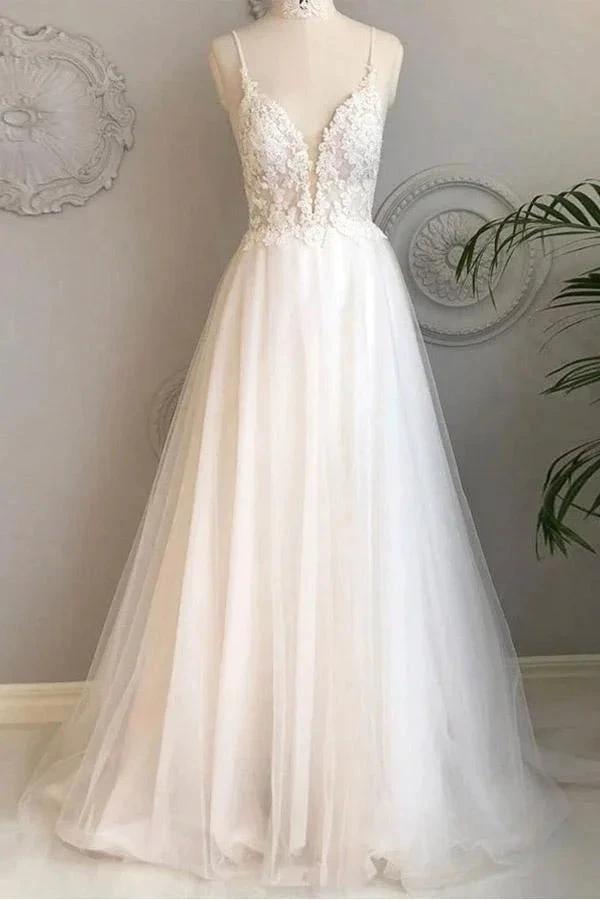 A Line Spaghetti Straps Beach Wedding Dresses Lace Wedding Gowns (ZD15311) - VelvetHem