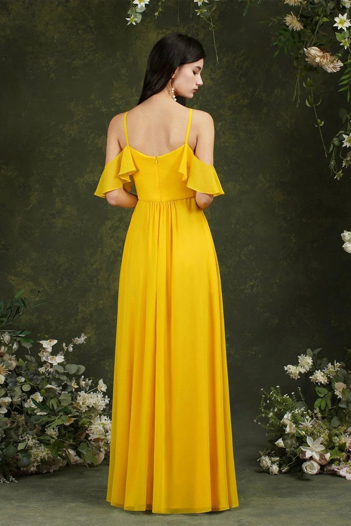 A-Line Spaghetti Straps Off-the-shoulder Ruffles Chiffon Bridesmaid Dress With Pockets (ZD13145)