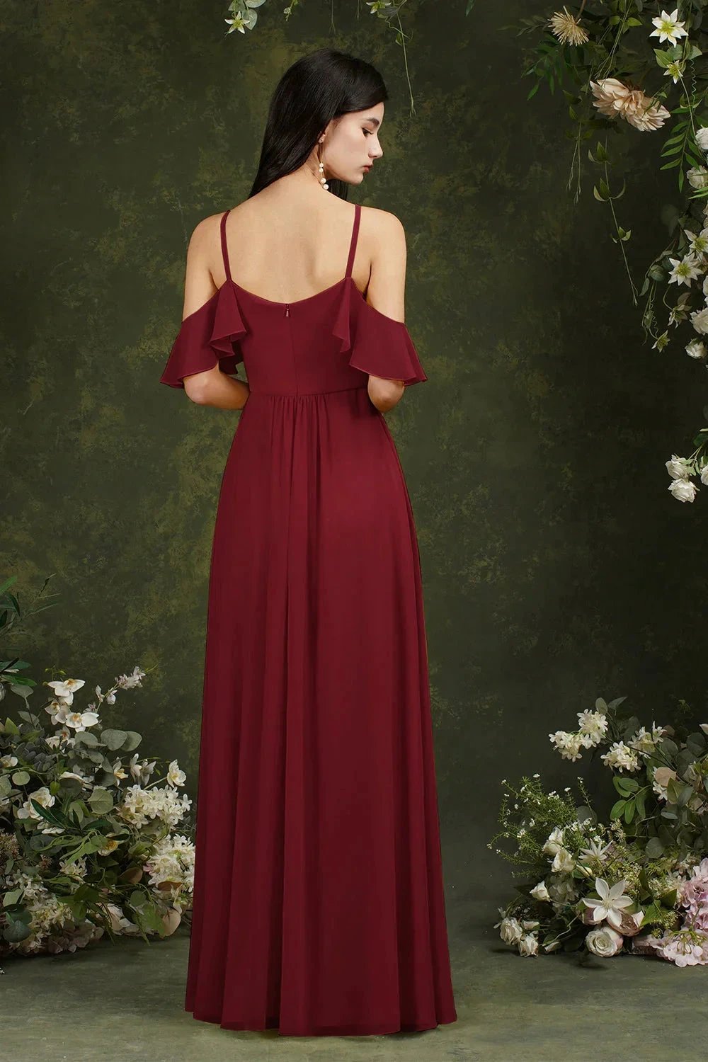 A-Line Spaghetti Straps Off-the-shoulder Ruffles Chiffon Bridesmaid Dress With Pockets (ZD13145)
