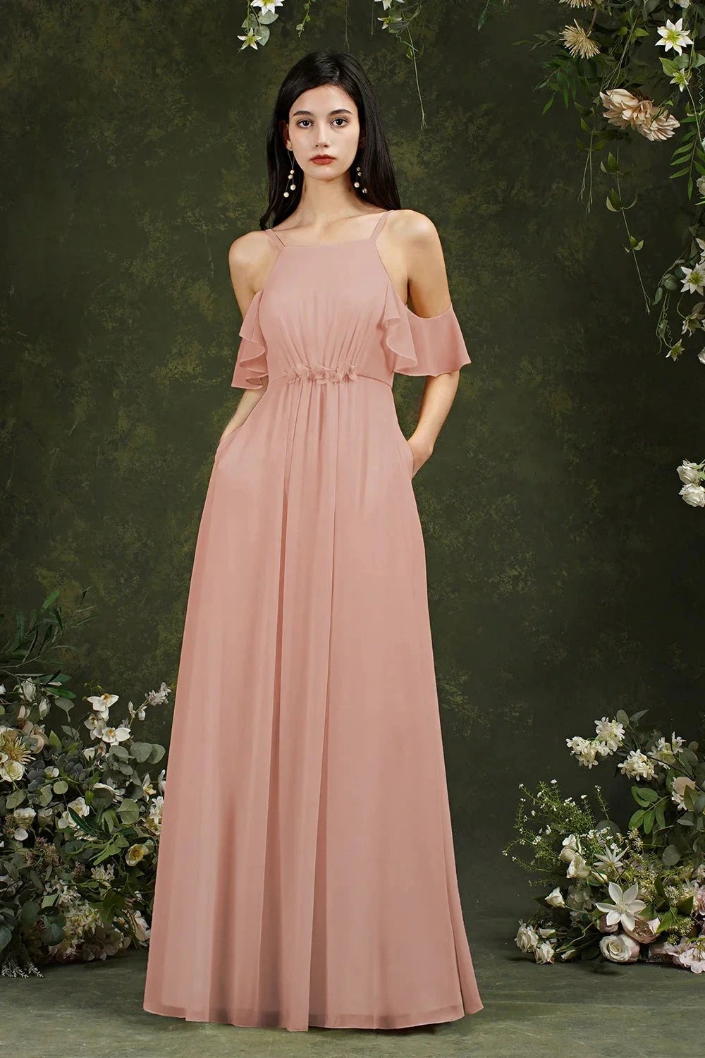 A-Line Spaghetti Straps Off-the-shoulder Ruffles Chiffon Bridesmaid Dress With Pockets by misshow.com