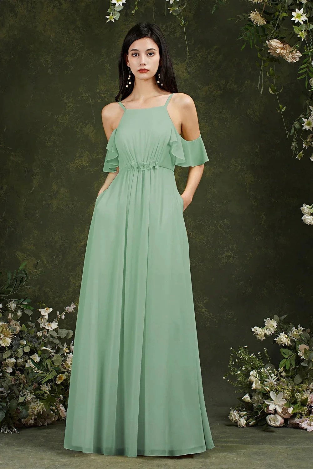 A-Line Spaghetti Straps Off-the-shoulder Ruffles Chiffon Bridesmaid Dress With Pockets by misshow.com