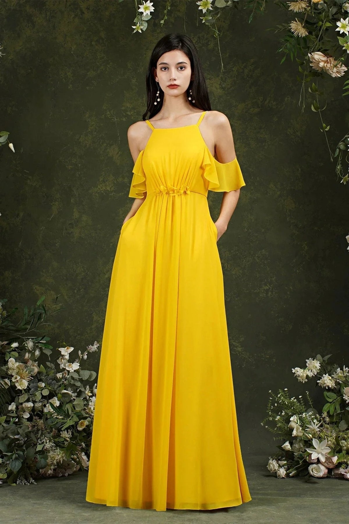 A-Line Spaghetti Straps Off-the-shoulder Ruffles Chiffon Bridesmaid Dress With Pockets (ZD13145)