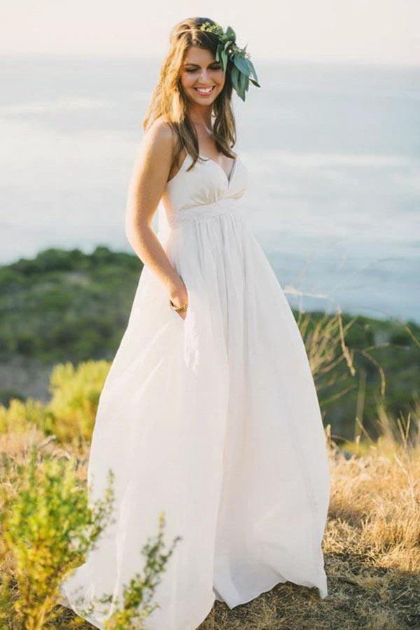 A-Line Spaghetti Straps Sweep Train Chiffon Wedding Dress (ZD15491) - VelvetHem