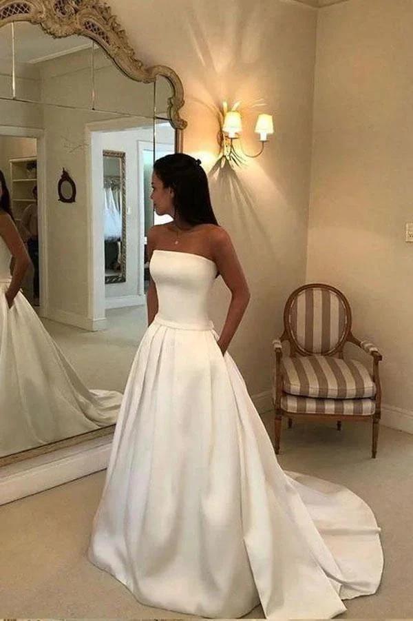 A-line Strapless Open Back Satin  Ivory Wedding Dress with Pockets (ZD15343)
