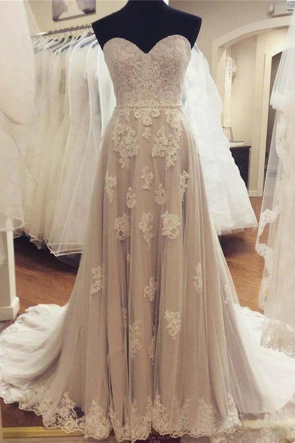A-line Strapless Sweetheart Neck Lace Appliqued Wedding Dresses (ZD15369) - VelvetHem