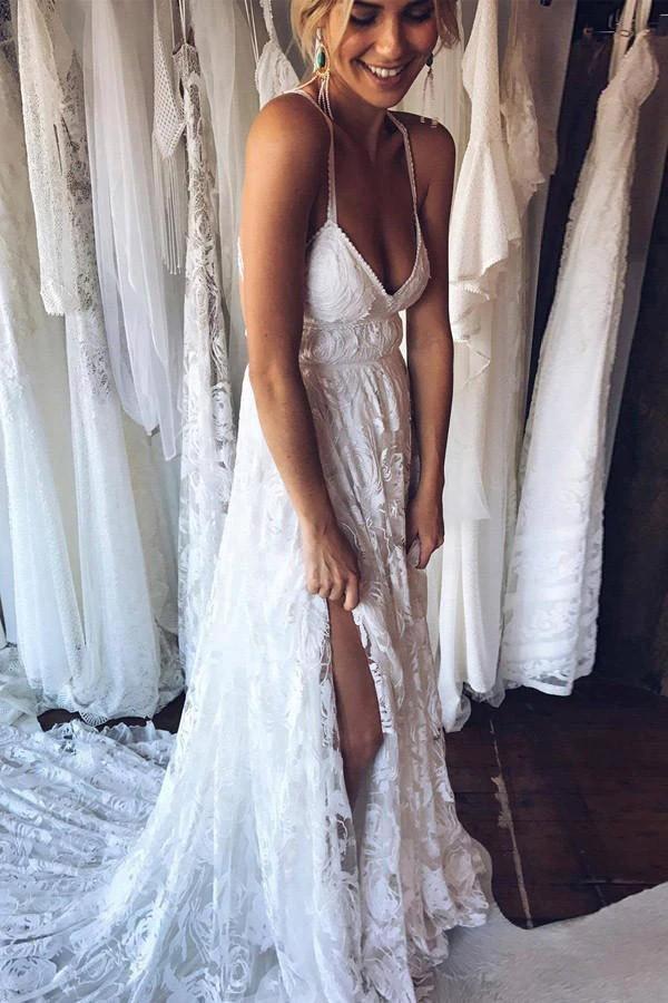 A-Line Straps Backless Court Train Lace Beach Wedding Dress (ZD16278)