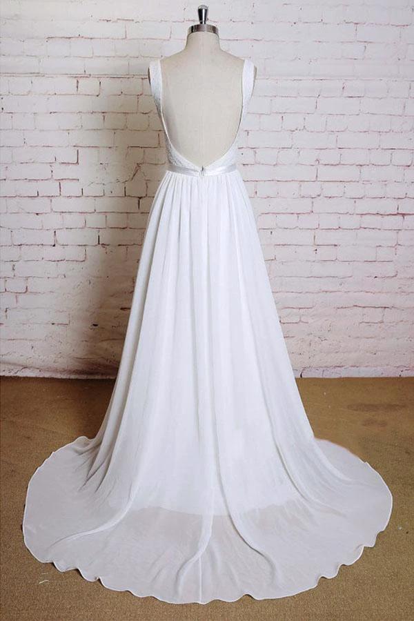 A-line Straps Court Train Chiffon Appliques Backless Wedding Dresses (ZD15489)