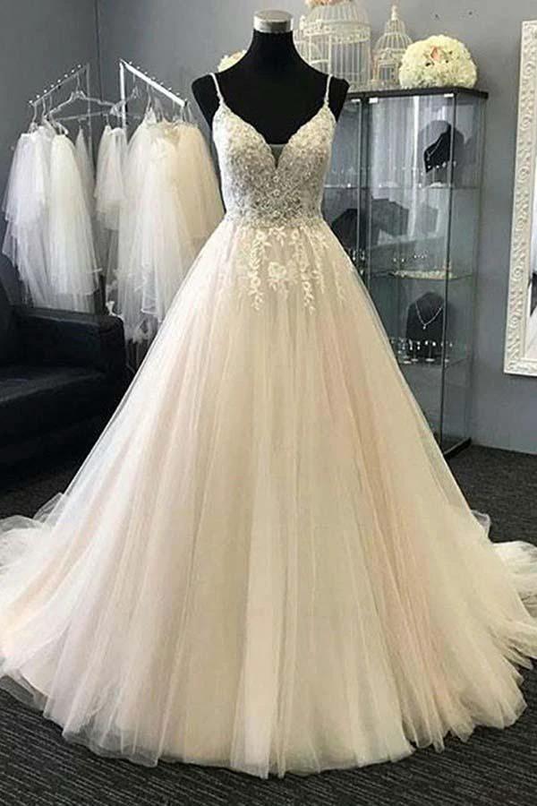 A-Line Straps Ivory Tulle Wedding Dress with Appliques Beading (ZD15488) - VelvetHem