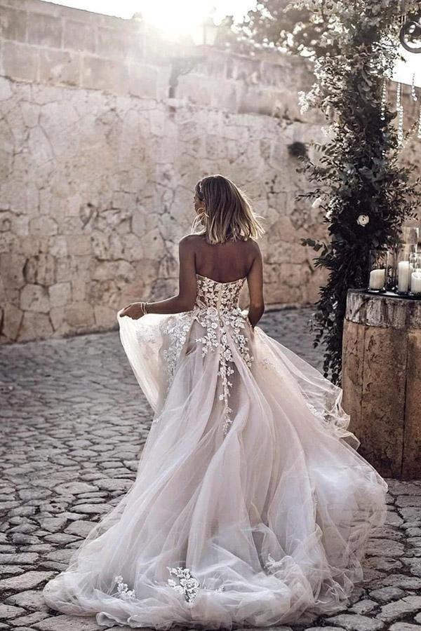 A-Line Sweetheart Sleeveless Sweep Train Tulle Wedding Dress (ZD16370)
