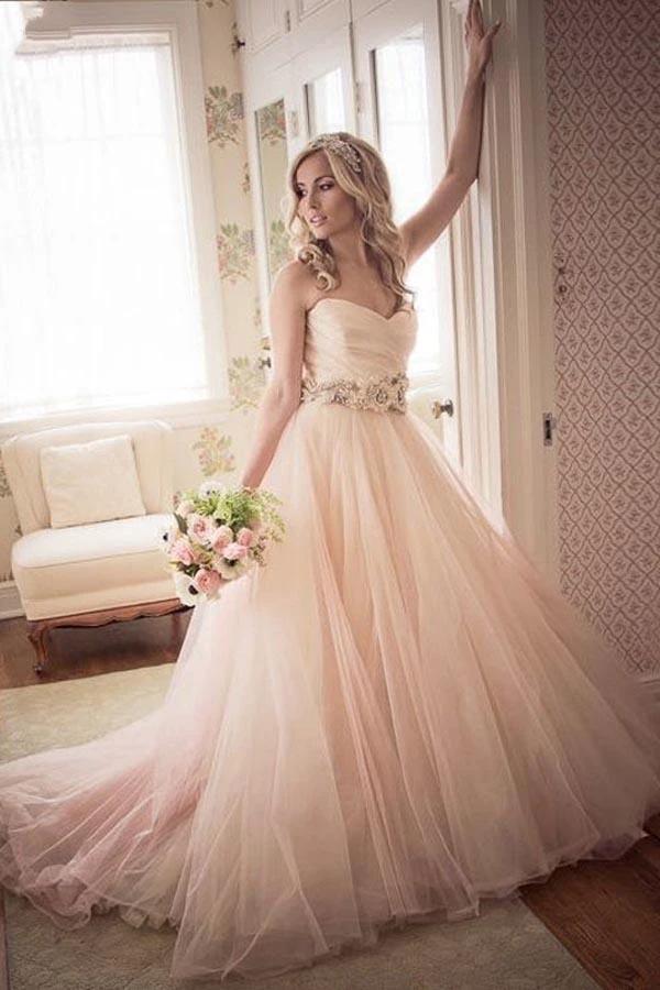 A-line Sweetheart Strapless Pink Long Tulle Wedding Dress (ZD15486) - VelvetHem