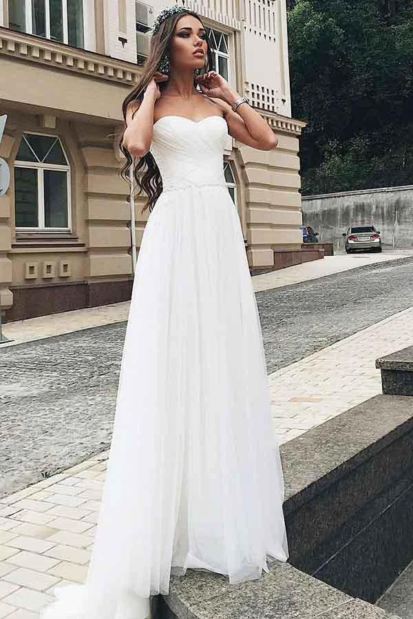A-Line Sweetheart Sweep Train Tulle Wedding Dress with Appliques (ZD15485) - VelvetHem