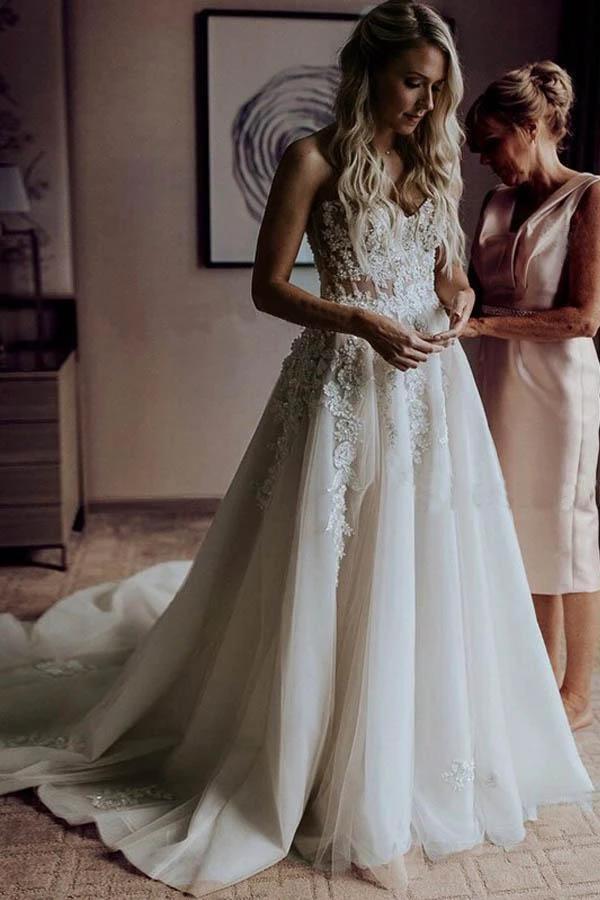 A-Line Sweetheart Sweep Train Wedding Dress with Appliques Beading (ZD15344)