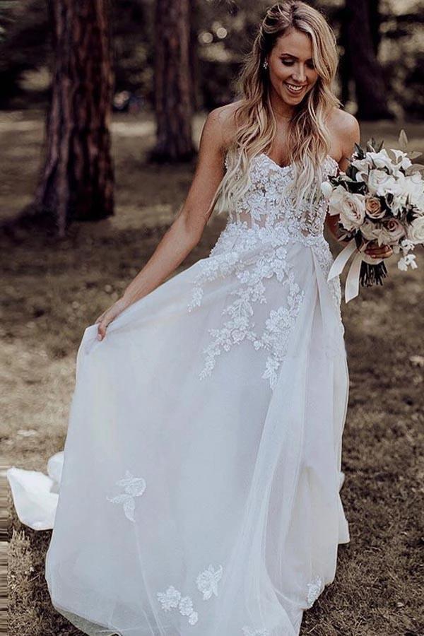 A-Line Sweetheart Sweep Train Wedding Dress with Appliques Beading (ZD15344)