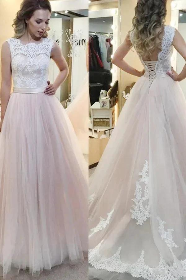 A-line Tulle Sweep Train Wedding Dress With Lace Applique (ZD15484)