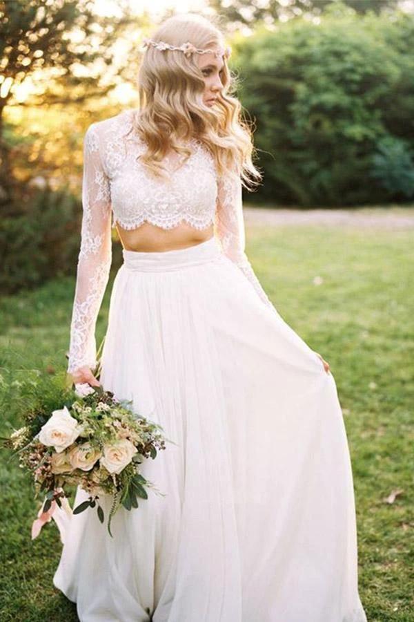 A Line Two Piece Round Neck Long Sleeves Lace Beach Wedding Dresses (ZD15305)