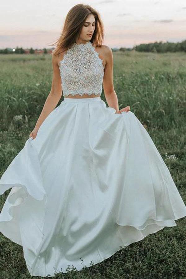 A Line Two Pieces Lace White Wedding Dresses With Pockets (ZD16016)
