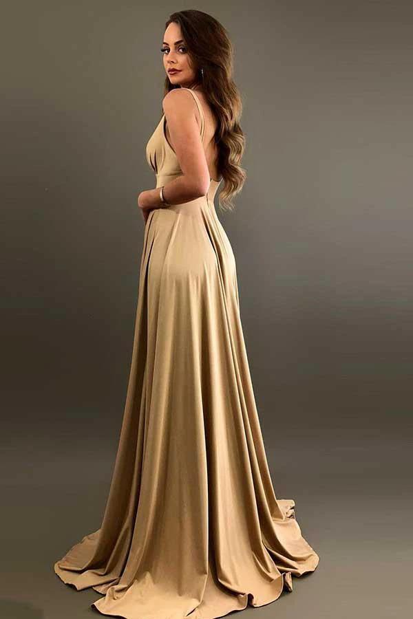A-Line V-Neck  Elastic Satin Bridesmaid Dress with Split (ZD13232)