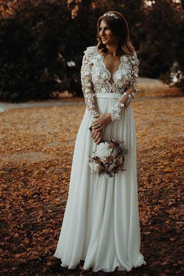 A-Line V-Neck Floor Length Chiffon Wedding Dress with Appliques Flowers (ZD16311)