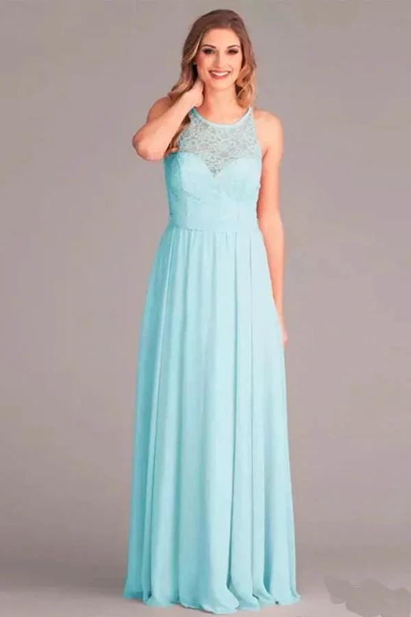A-Line V-Neck Floor-Length Mint Chiffon Bridesmaid Dress with Lace (ZD13228) - VelvetHem