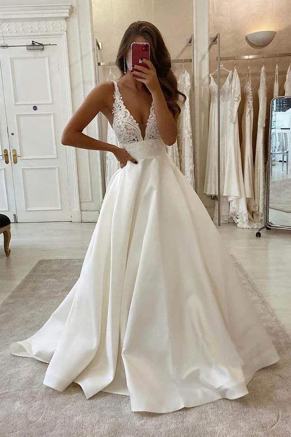 A-Line V-neck Ivory Satin Simple Wedding Dress Backless Bridal Gowns (ZD16006) - VelvetHem