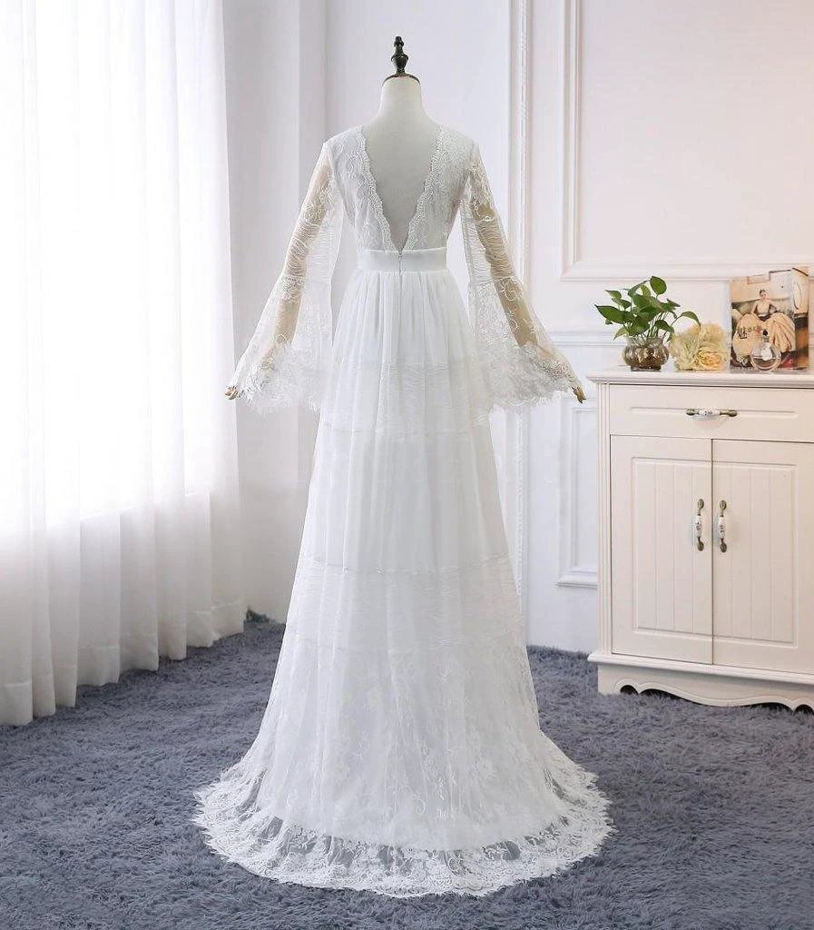 A-line V neck Long Sleeve Wedding Dress Rustic Boho Wedding Dress (ZD16296)