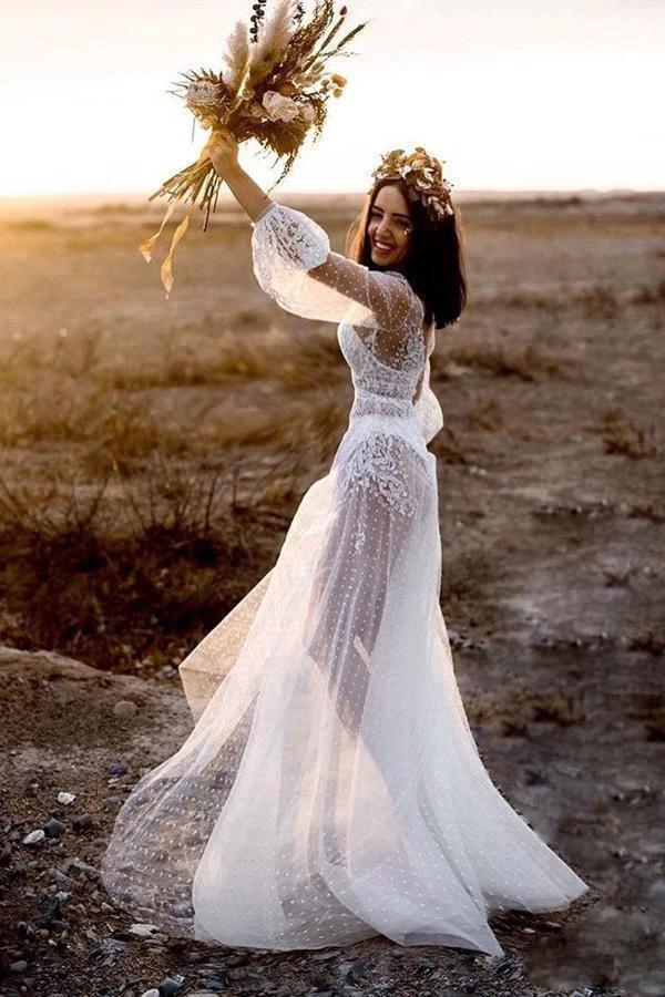 A-Line V-Neck Long Sleeves Beach Wedding Dress with Appliques (ZD16015) - VelvetHem