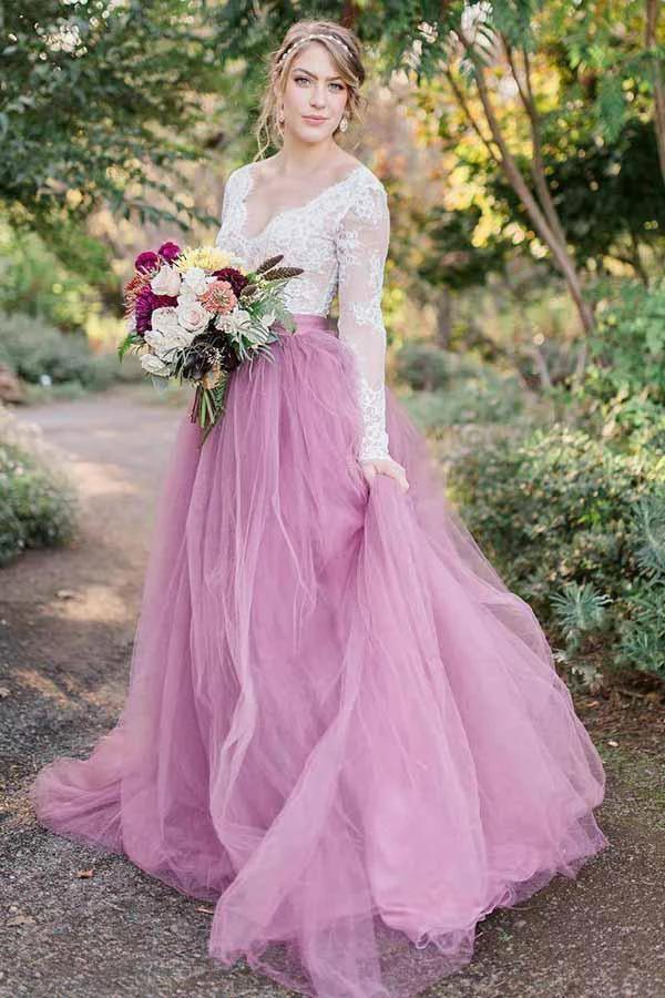 A-Line V-Neck Long Sleeves Pink Tulle Wedding Dress with Lace Appliques (ZD15394) - VelvetHem
