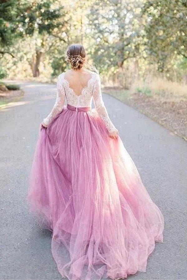 A-Line V-Neck Long Sleeves Pink Tulle Wedding Dress with Lace Appliques (ZD16249)