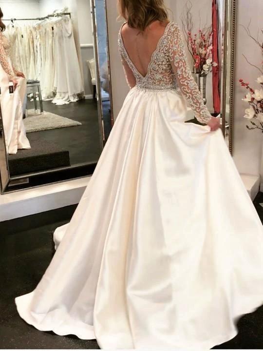 A-line V-neck See Through Bodice Beaded Long Sleeves Wedding Dresses (ZD15310)