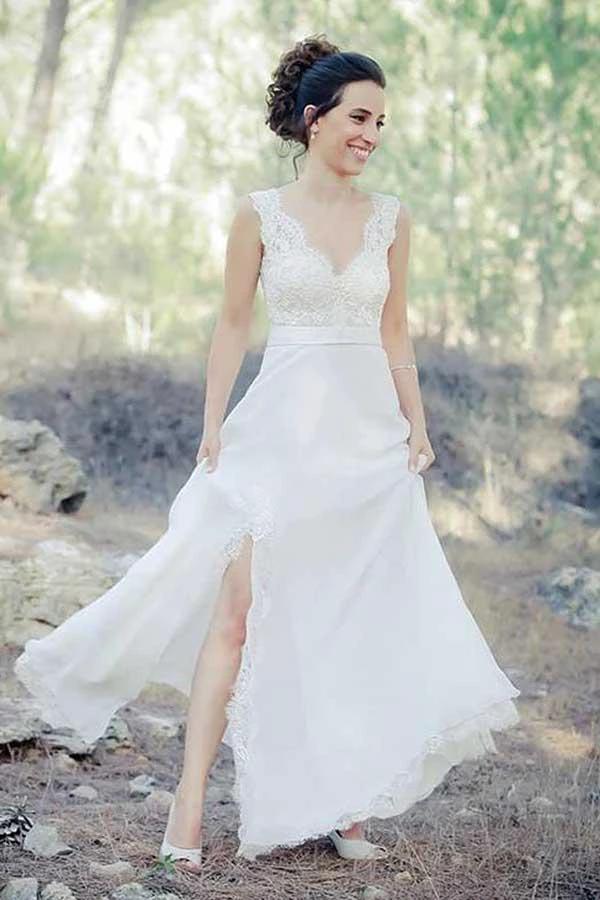 A-Line V-Neck Sweep Train Chiffon Beach Wedding Dress with Lace (ZD15483) - VelvetHem