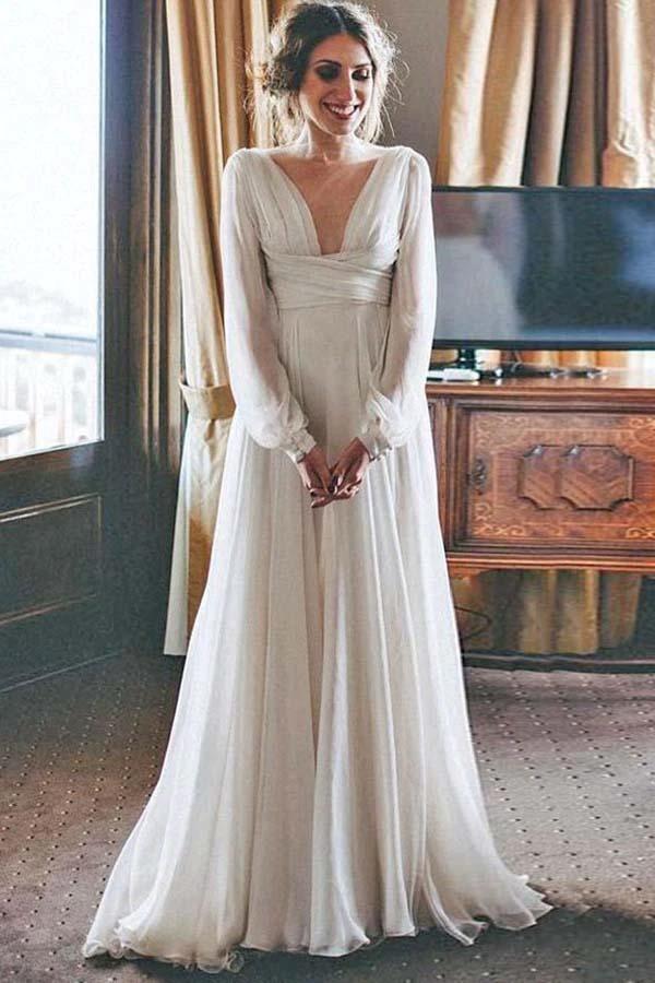 A-Line V-Neck Sweep Train Chiffon Beach Wedding Dress with Sleeves (ZD16020)