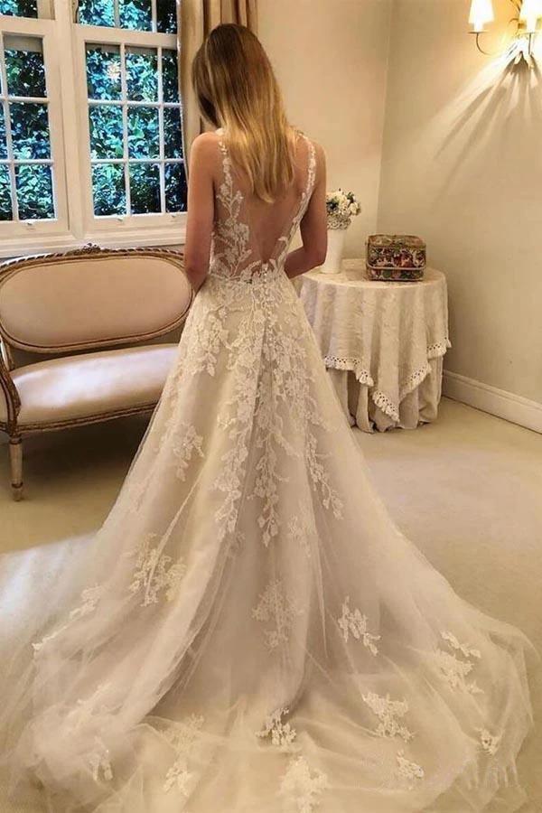 A-line Vintage Rustic Wedding Dresses V Neck Beaded Lace Bridal Gown (ZD16367) - VelvetHem